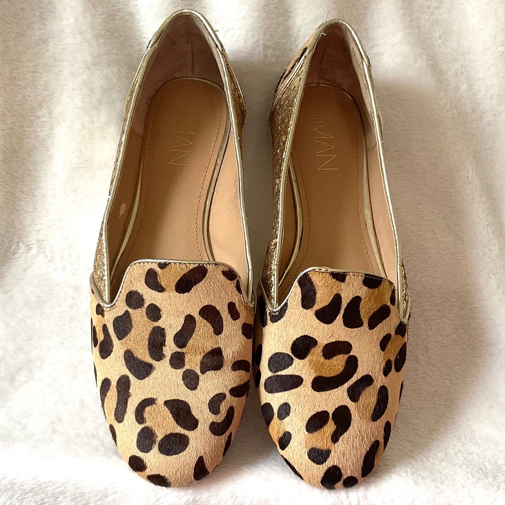 Leopard Print IMAN calf hair glittery slip On Block Heel Flats Size 8M - Picture 6 of 14